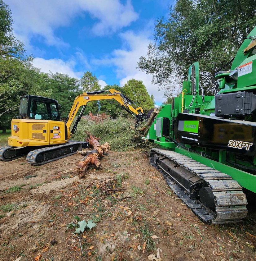 Yellow excavator and green wood chipper processing tree stump and debris